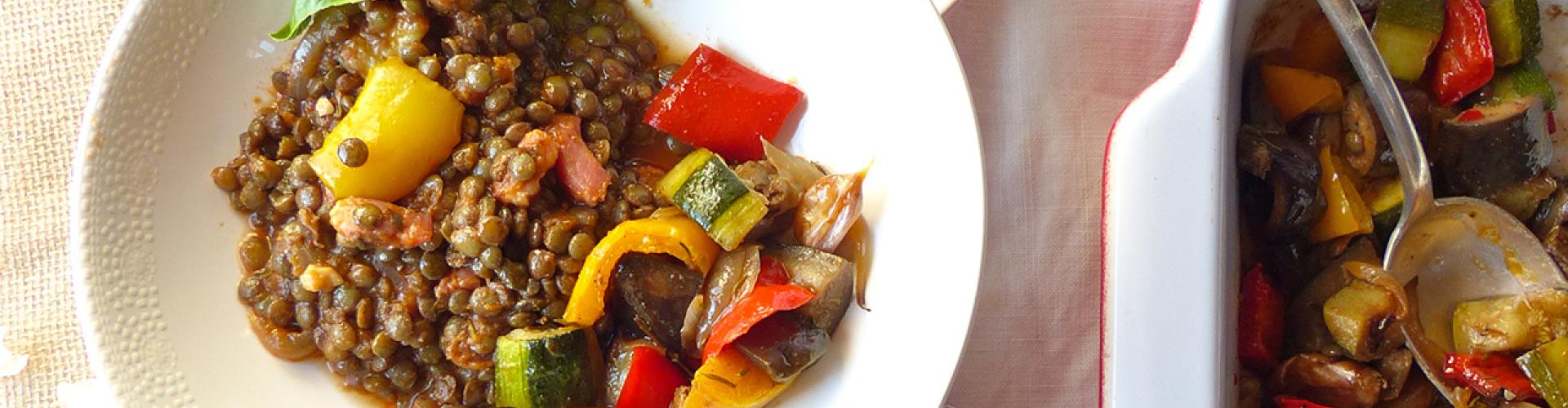 Berry lentils with roasted Provençal vegetables and tomatoes