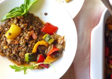 Berry lentils with roasted Provençal vegetables and tomatoes